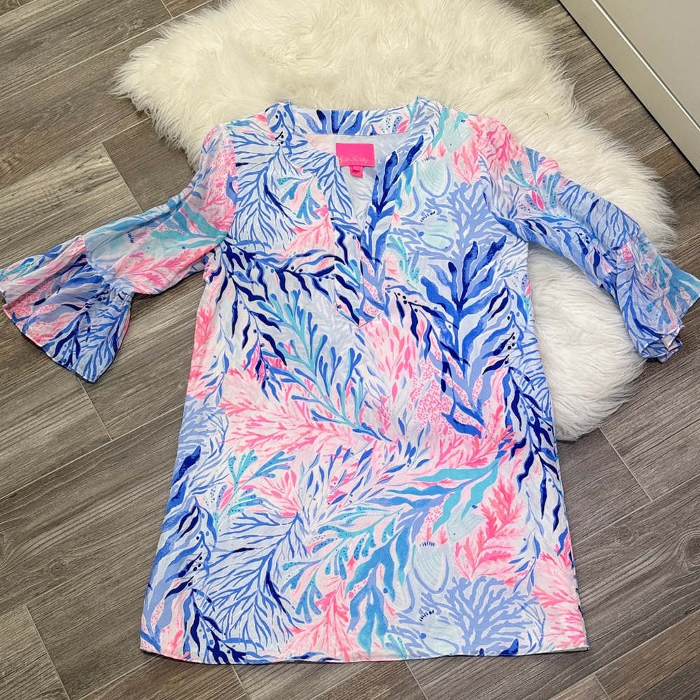 Lilly Pulitzer Blue and Pink Leaf Print Silk Dress